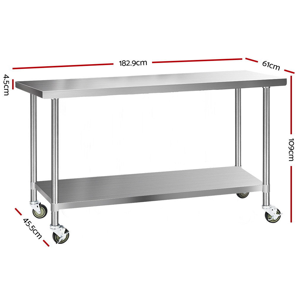 Cefito 1829x610mm Stainless Steel Kitchen Bench with Wheels 430 SSKB-430S-WHEEL-72