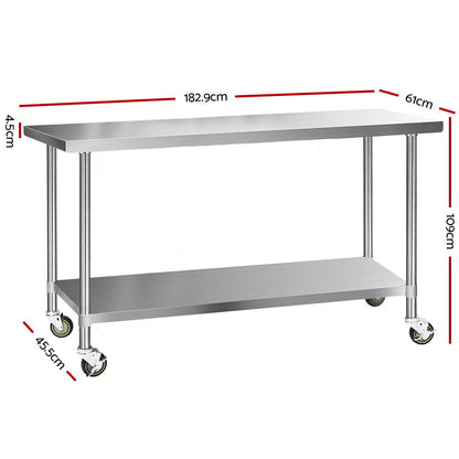 Cefito 1829x610mm Stainless Steel Kitchen Bench with Wheels 430 SSKB-430S-WHEEL-72
