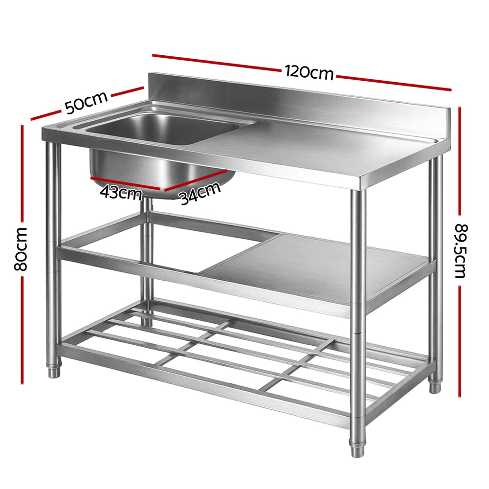 Cefito Stainless Steel Kitchen Bench Work Table with Sink Splashback 120cm SSKB-B-SINK-L120