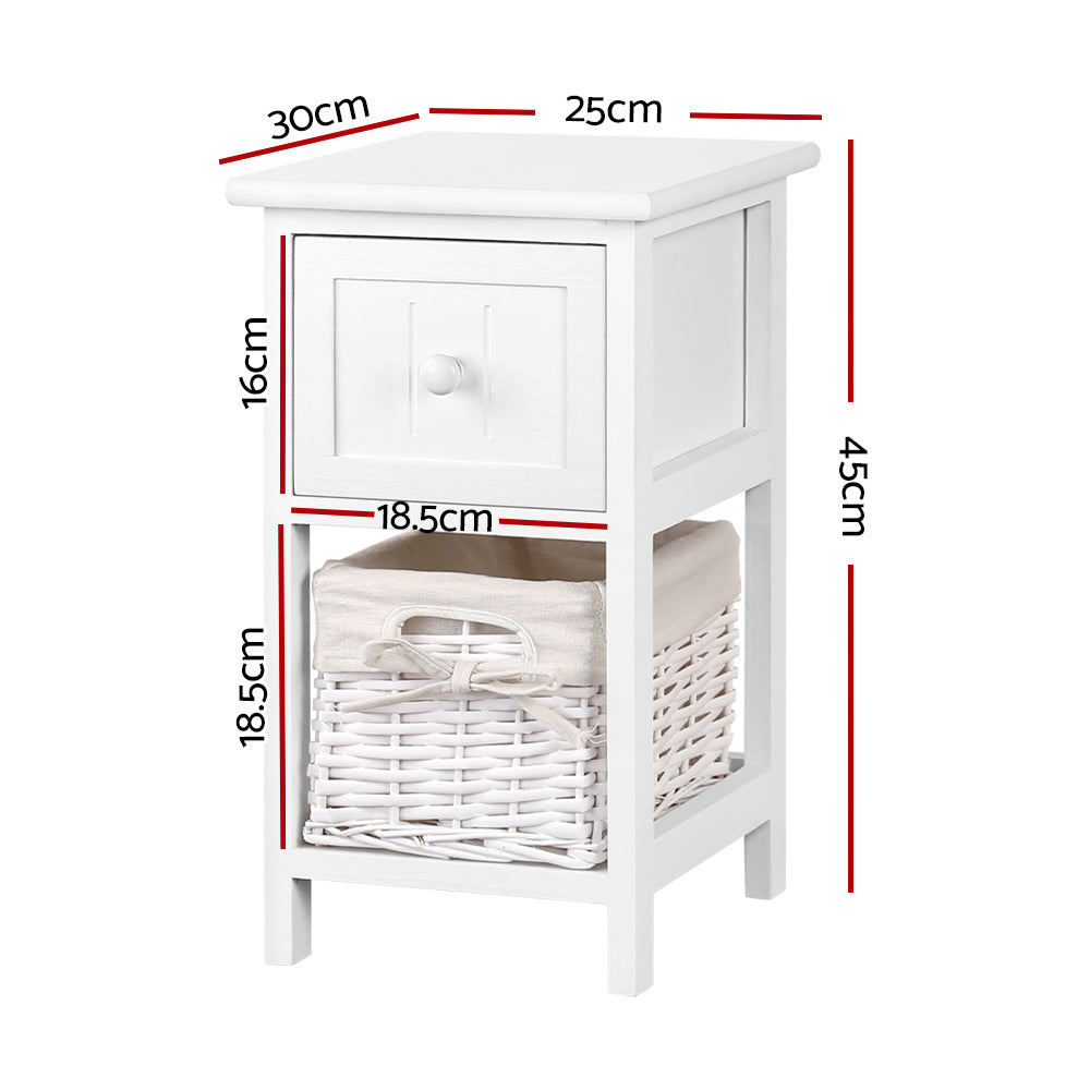 Artiss Bedside Table 1 Drawer with Basket Rustic White X2 ST-CAB-1D-1B-WHX2