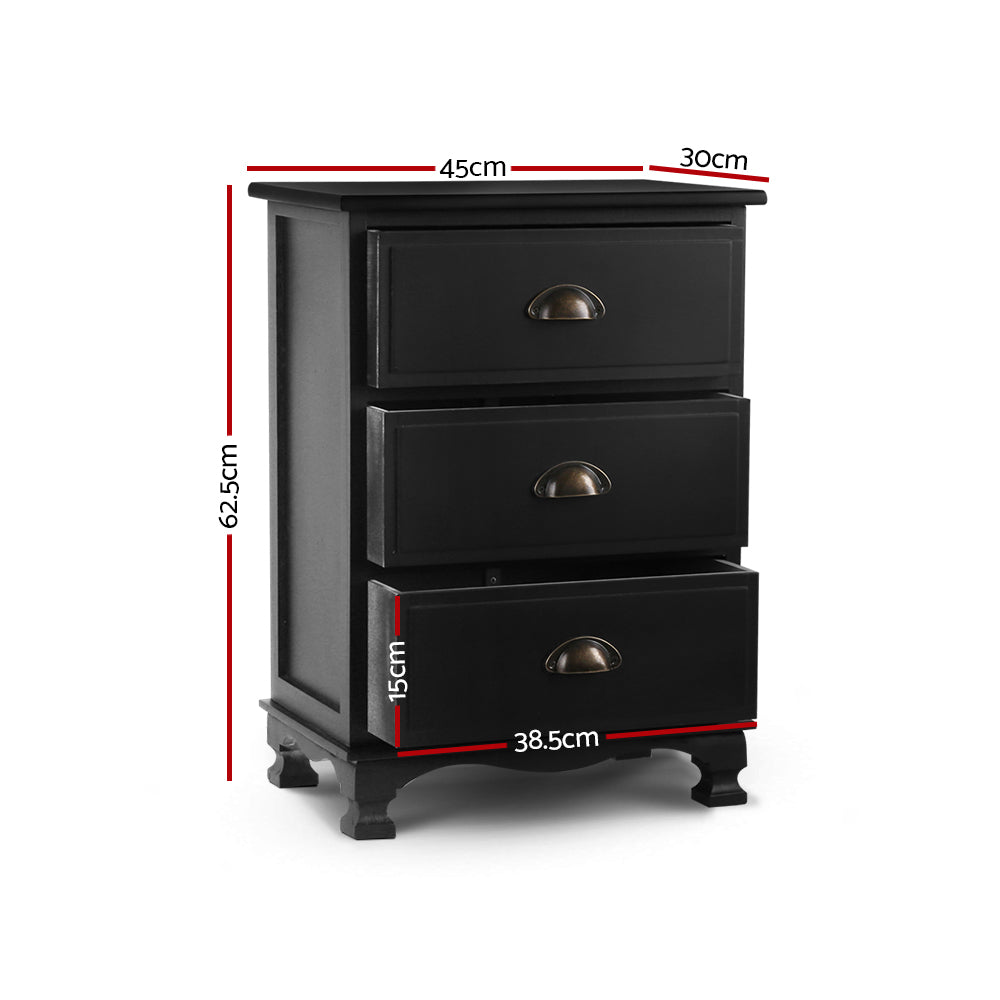 Artiss Bedside Table 3 Drawers Vintage - THYME Black ST-CAB-B-3D-BK
