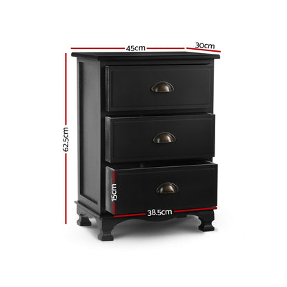 Artiss Bedside Table 3 Drawers Vintage - THYME Black ST-CAB-B-3D-BK
