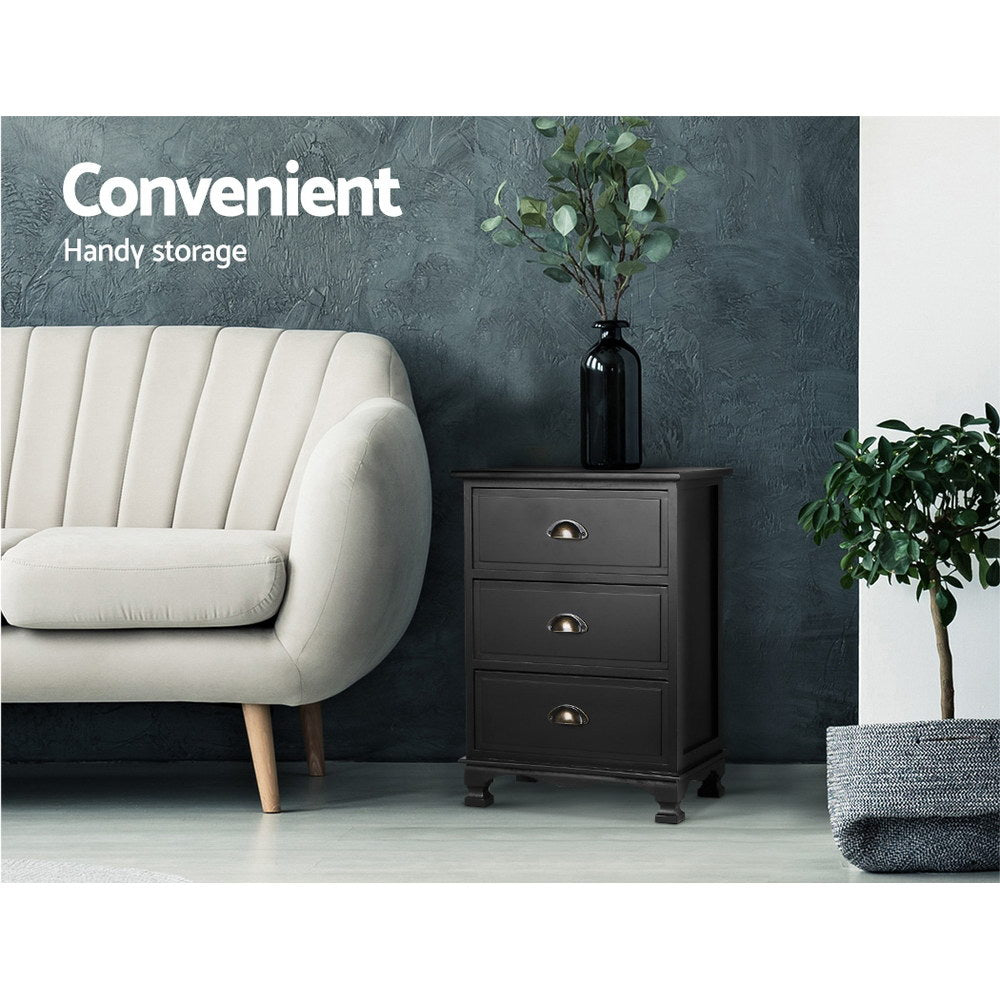 Artiss Bedside Table 3 Drawers Vintage - THYME Black ST-CAB-B-3D-BK