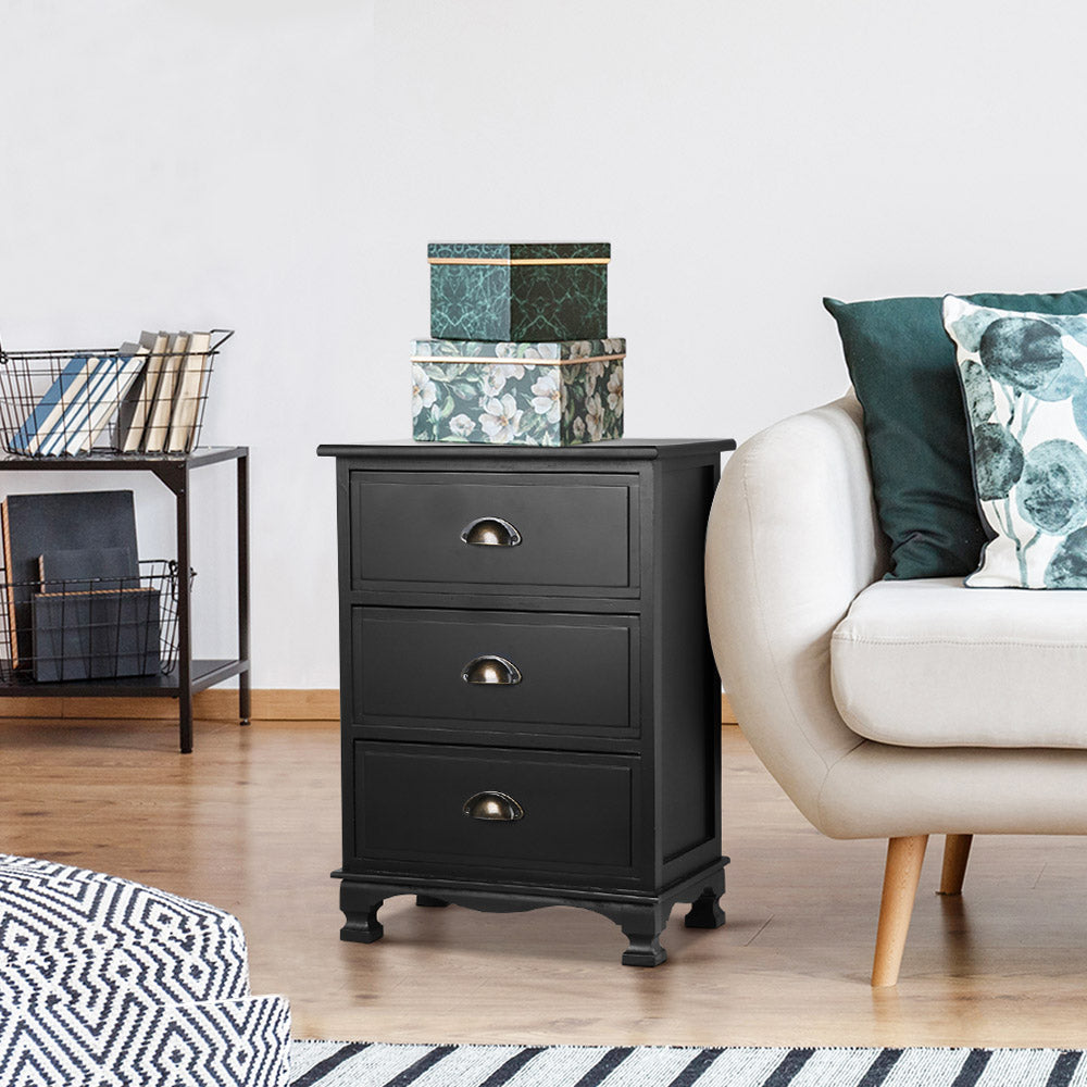 Artiss Bedside Table 3 Drawers Vintage - THYME Black ST-CAB-B-3D-BK