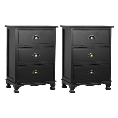 Artiss 2x Bedside Table 3 Drawers Vintage - THYME Black ST-CAB-B-3D-BKX2