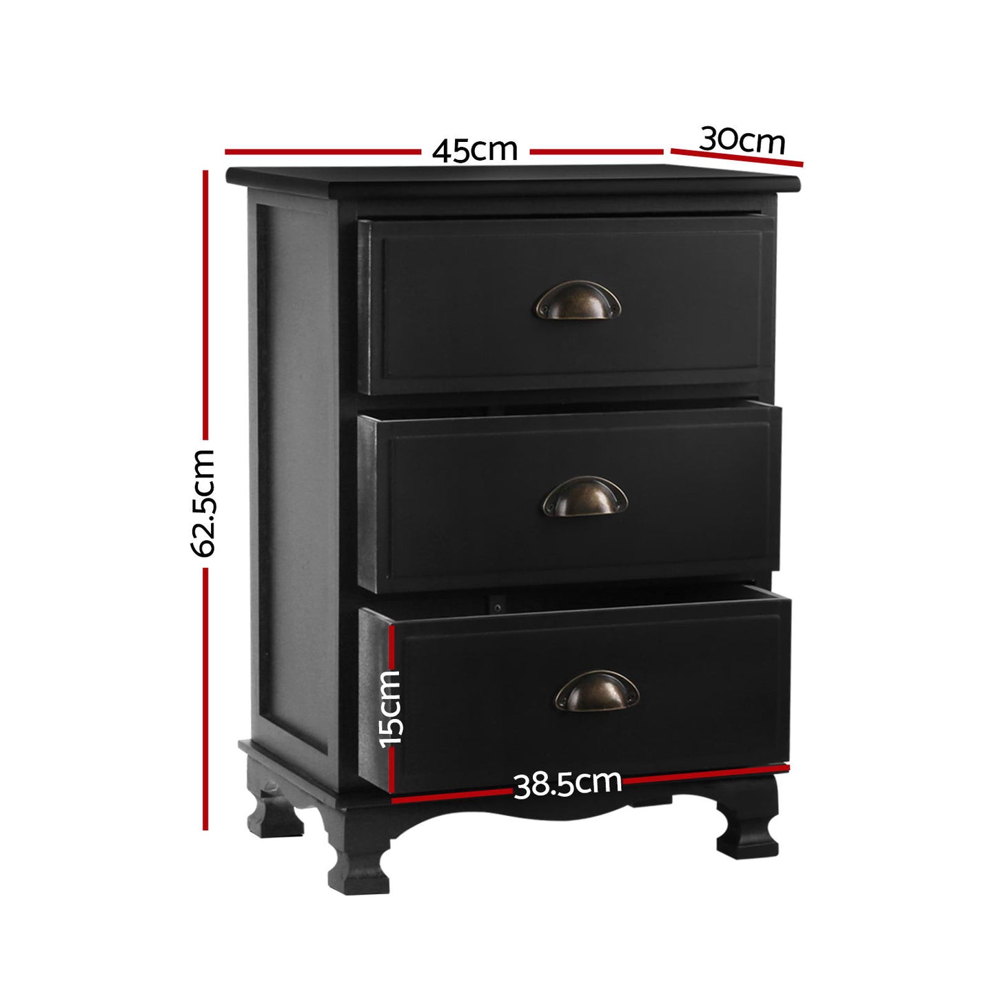 Artiss 2x Bedside Table 3 Drawers Vintage - THYME Black ST-CAB-B-3D-BKX2