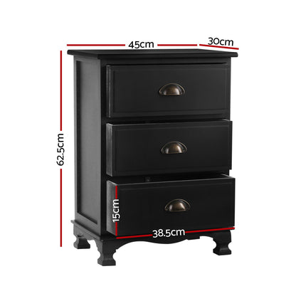 Artiss 2x Bedside Table 3 Drawers Vintage - THYME Black ST-CAB-B-3D-BKX2