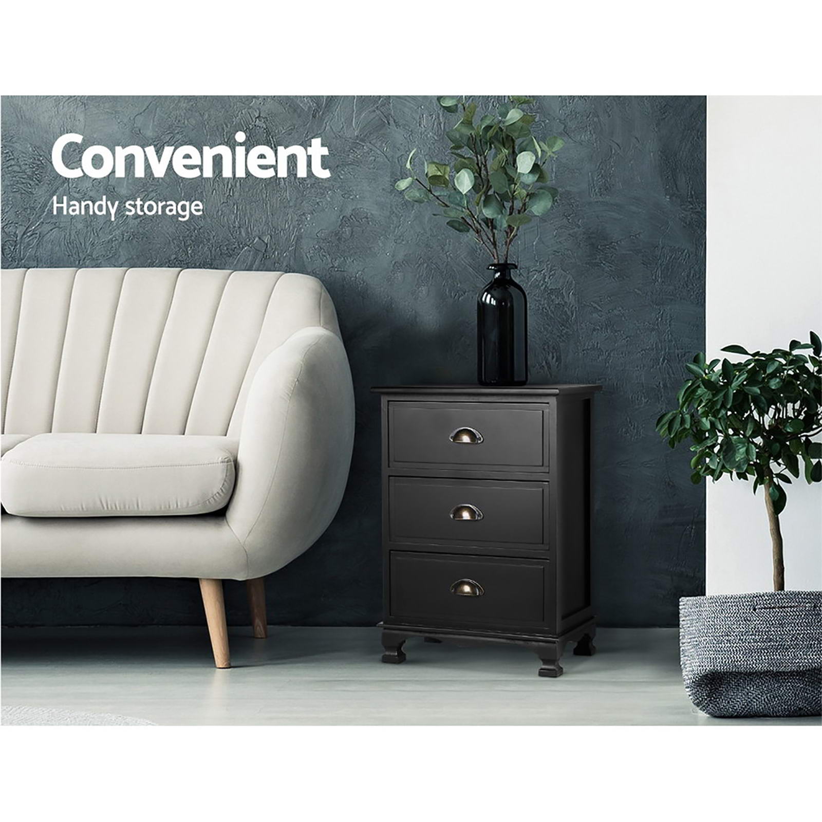 Artiss 2x Bedside Table 3 Drawers Vintage - THYME Black ST-CAB-B-3D-BKX2