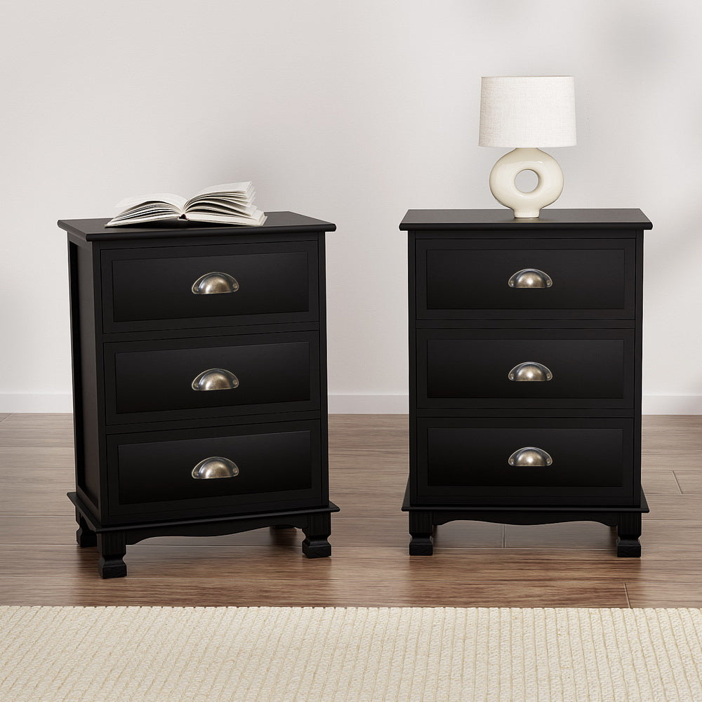 Artiss 2x Bedside Table 3 Drawers Vintage - THYME Black ST-CAB-B-3D-BKX2
