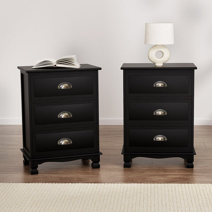 Artiss 2x Bedside Table 3 Drawers Vintage - THYME Black ST-CAB-B-3D-BKX2