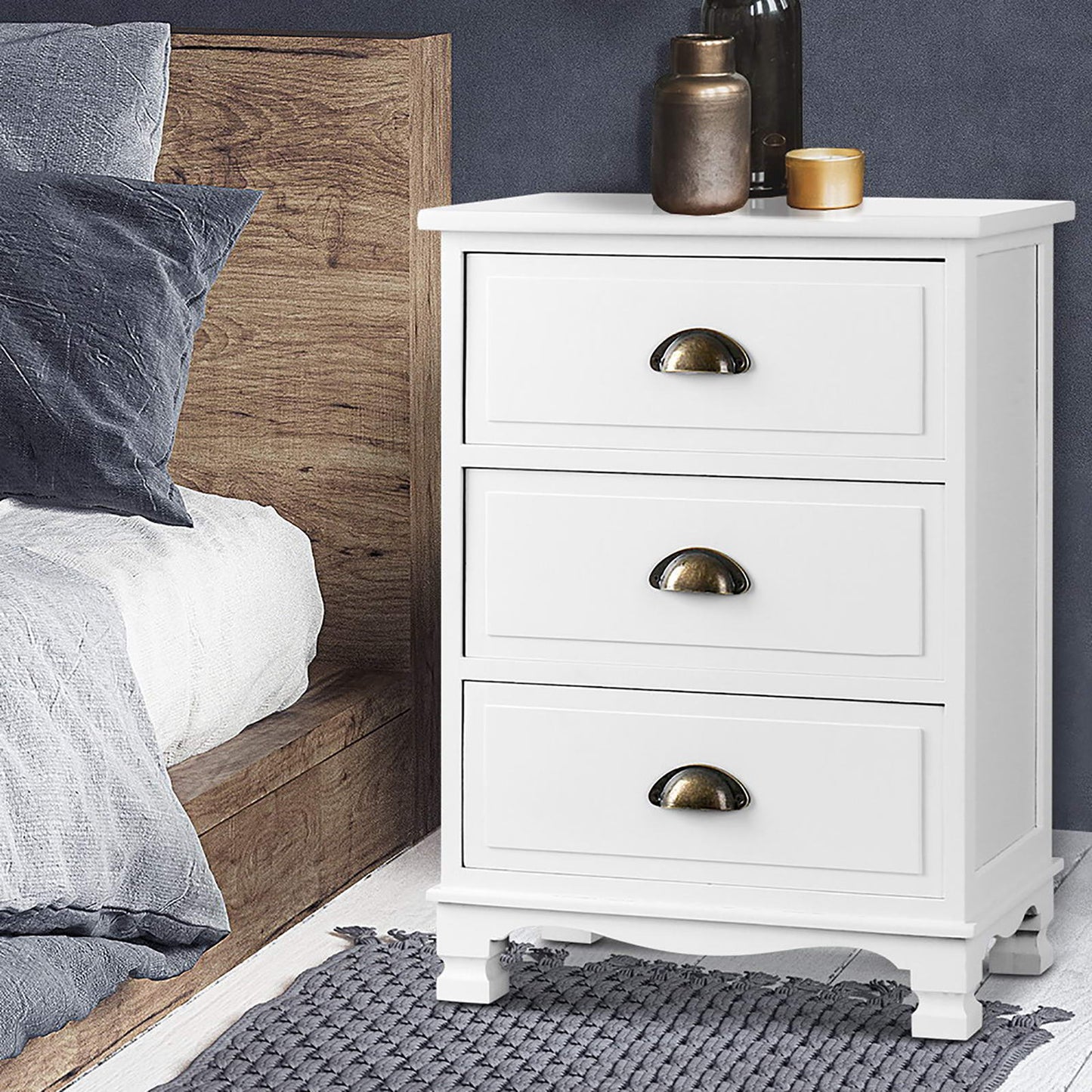 Artiss 2x Bedside Table 3 Drawers Vintage - THYME White ST-CAB-B-3D-WHX2