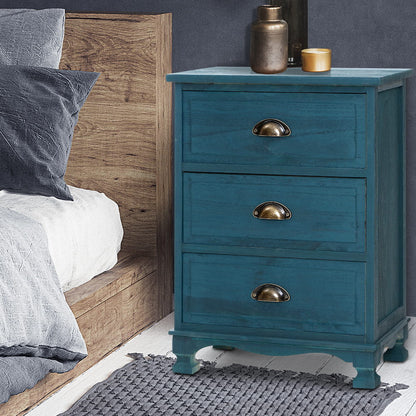 Artiss Bedside Table 3 Drawers Vintage - THYME Blue ST-CAB-B-VIN3D-BU