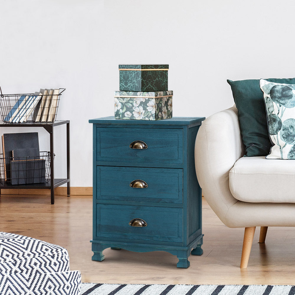 Artiss Bedside Table 3 Drawers Vintage - THYME Blue ST-CAB-B-VIN3D-BU