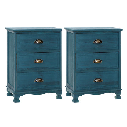 Artiss 2x Bedside Table 3 Drawers Vintage - THYME Blue ST-CAB-B-VIN3D-BUX2