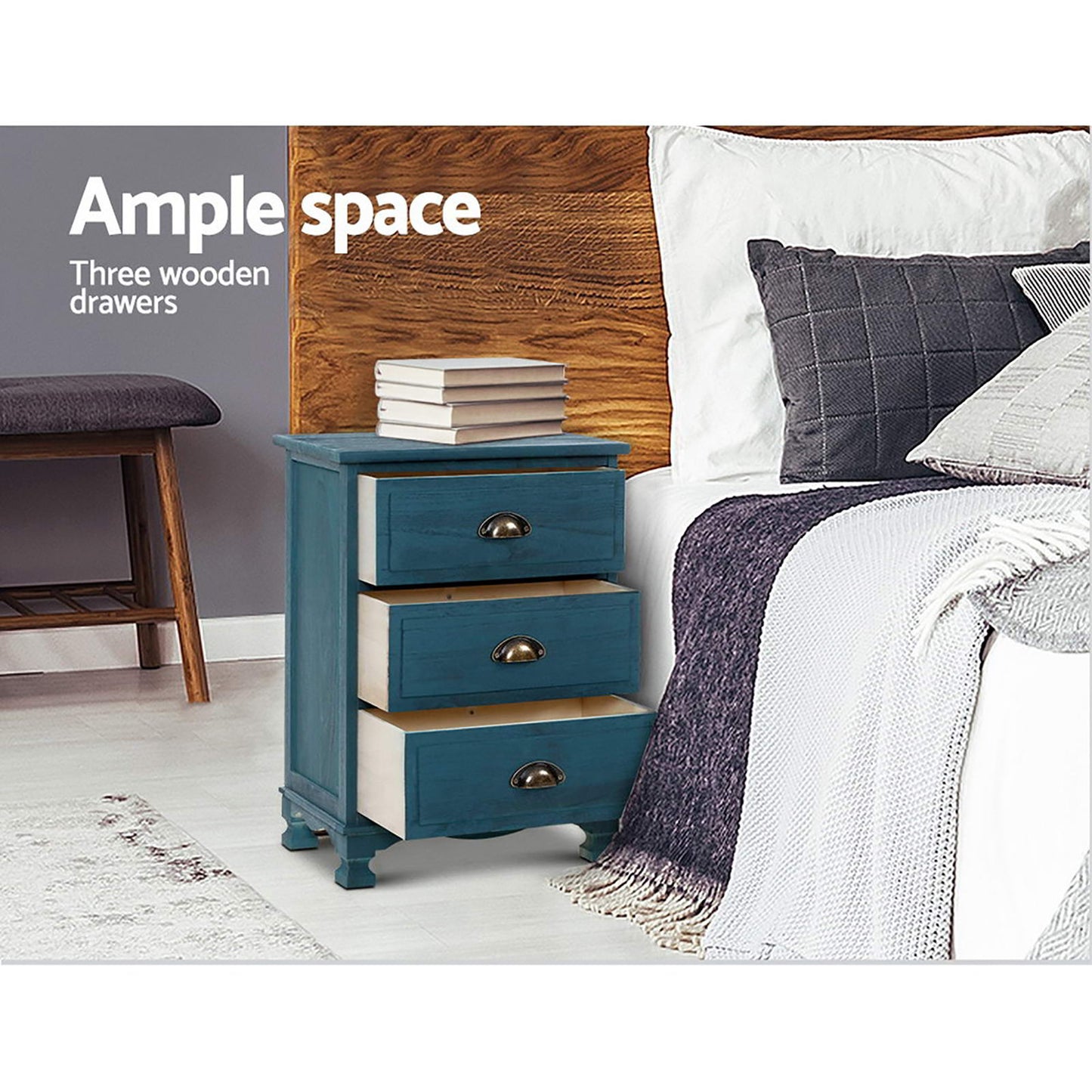 Artiss 2x Bedside Table 3 Drawers Vintage - THYME Blue ST-CAB-B-VIN3D-BUX2