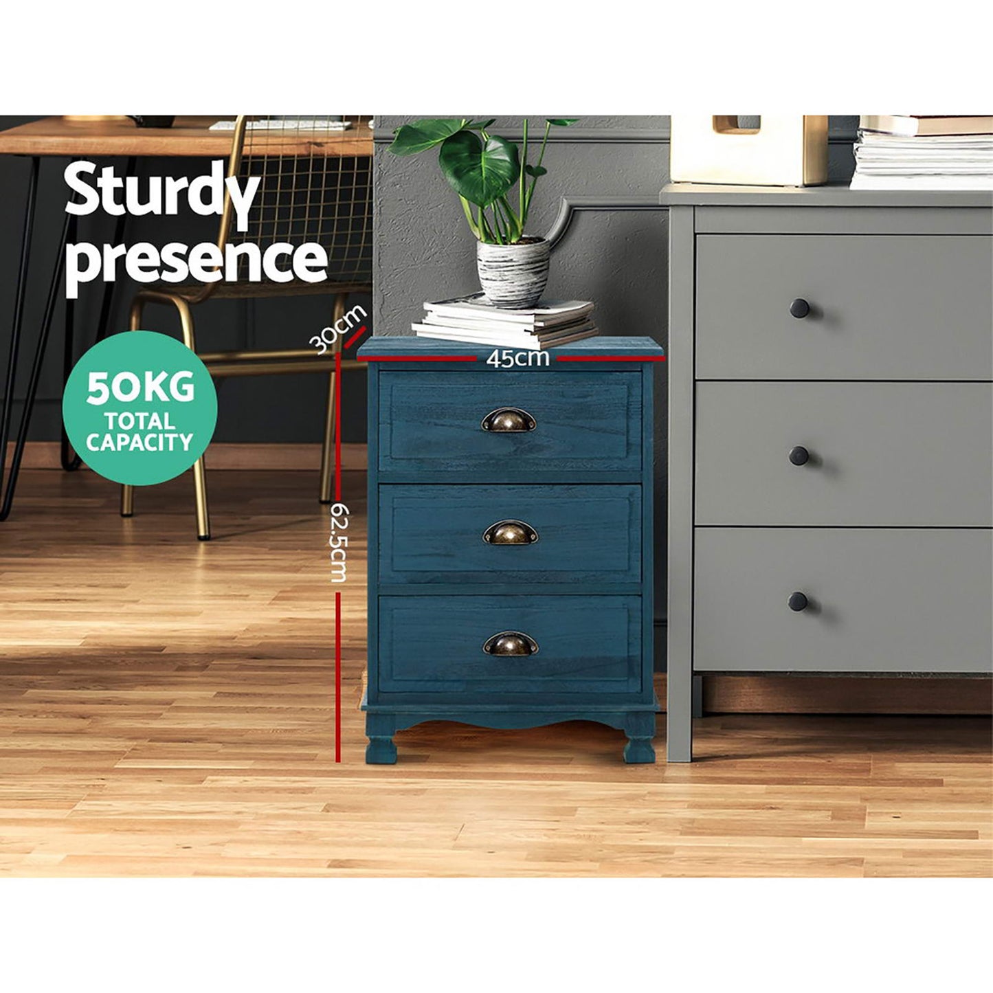 Artiss 2x Bedside Table 3 Drawers Vintage - THYME Blue ST-CAB-B-VIN3D-BUX2