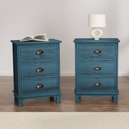 Artiss 2x Bedside Table 3 Drawers Vintage - THYME Blue ST-CAB-B-VIN3D-BUX2