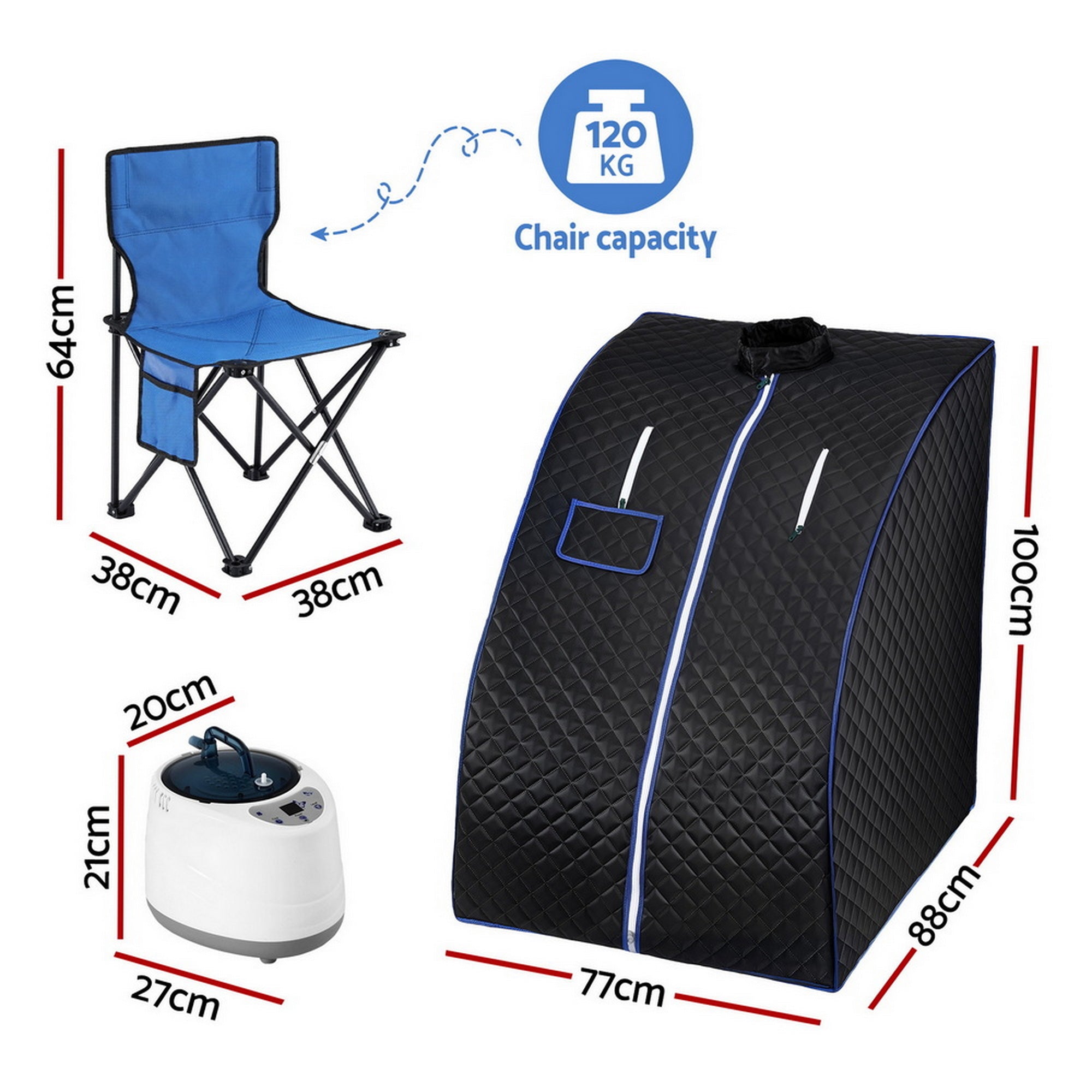 Devanti Portable Steam Sauna Tent 1000W 2L Steamer Pot Personal Home SPA Timer ST-SAU-2L-100-GY