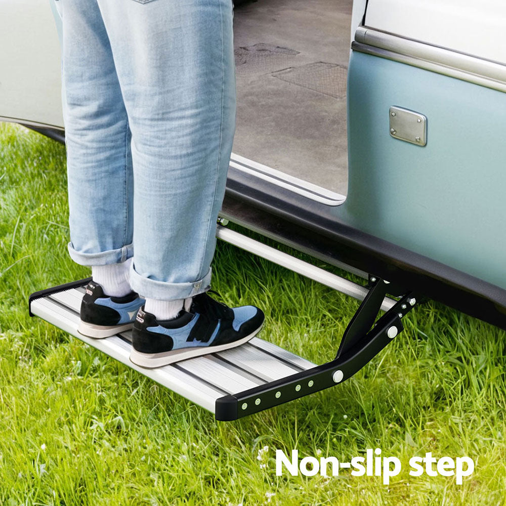 Weisshorn Manual Pull Out Caravan Step Folding RV Entry Stair 200KG Capacity Non-Slip Aluminium STEP-CV-1S-FOLD-SI