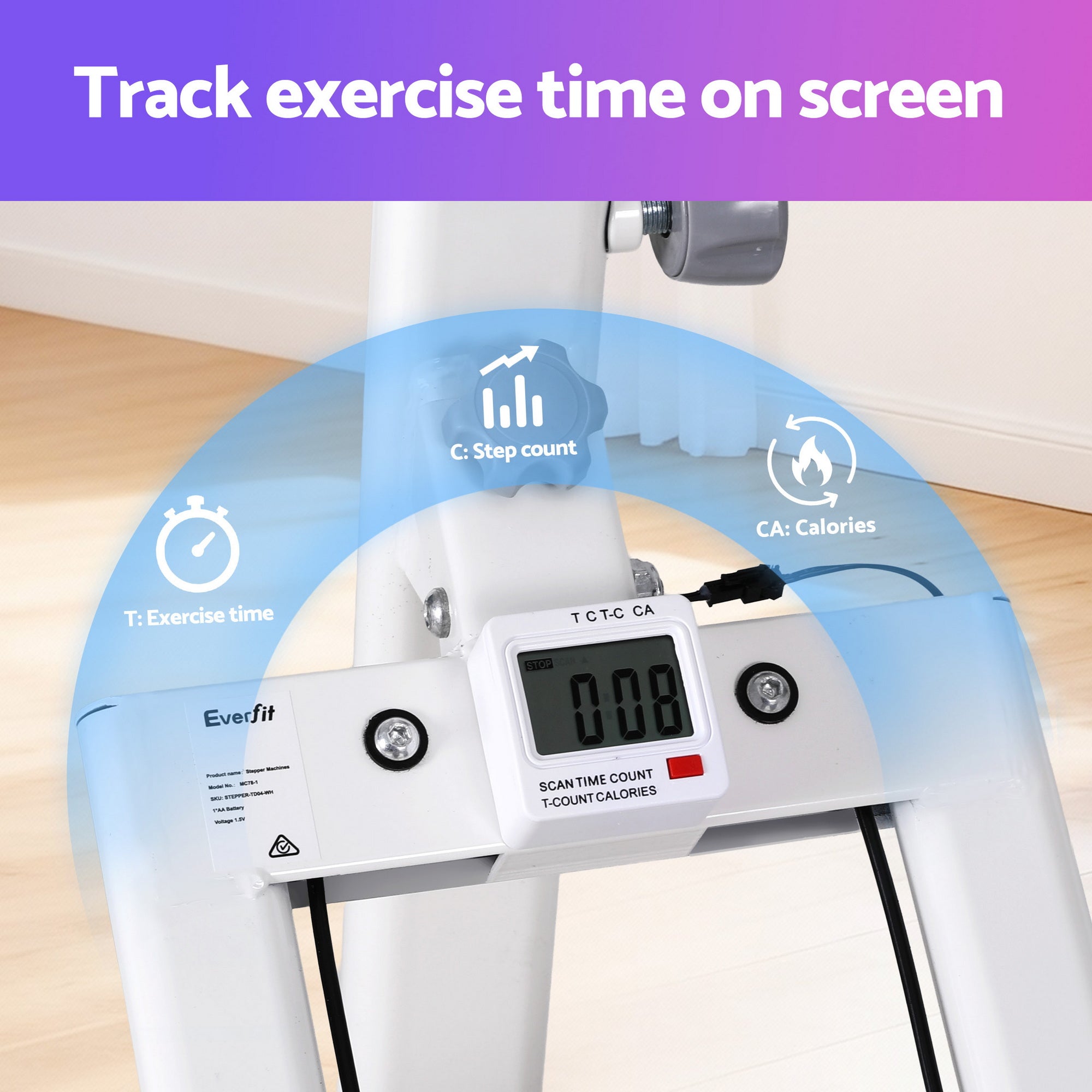 Everfit Step Machine Stair Climber for Home Gym Exercise Foldable LED Display Adjustable Handlebar STEPPER-TD04-WH