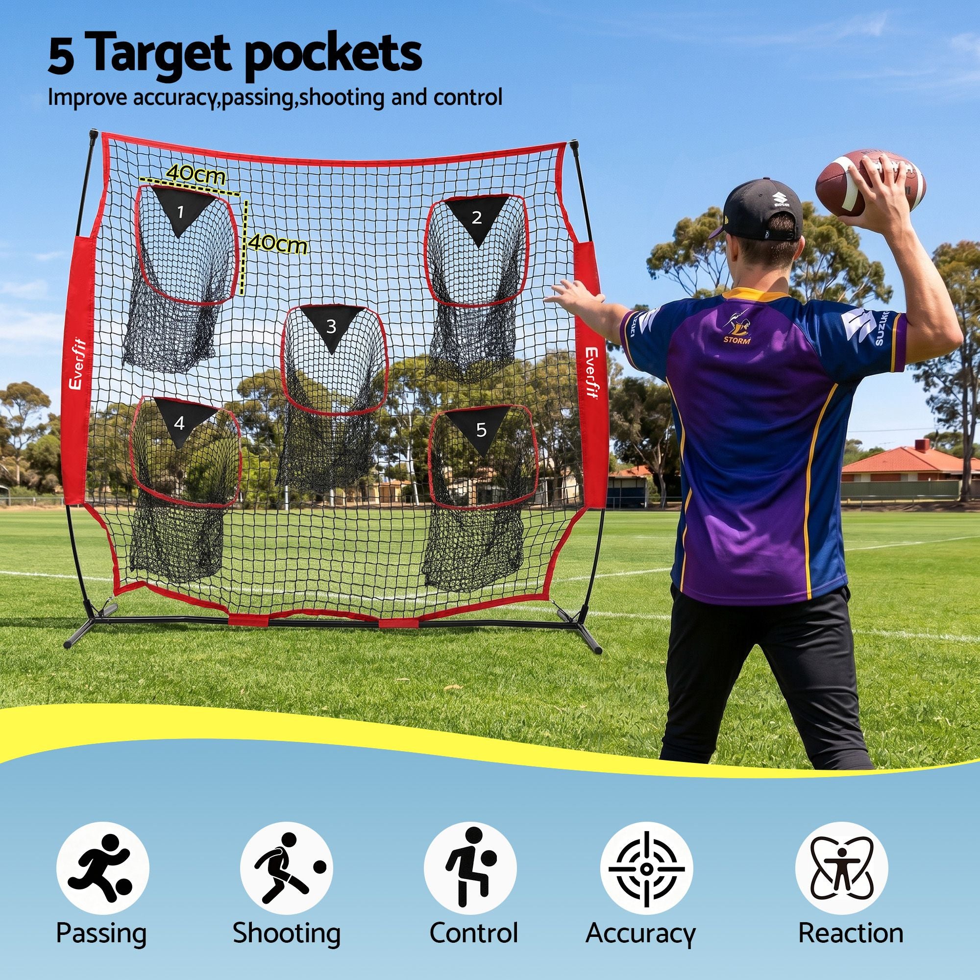 Everfit 1.8m Football Training Net 5 Target Portable Soccer Goal Nets Rebounder STN-5P-RD