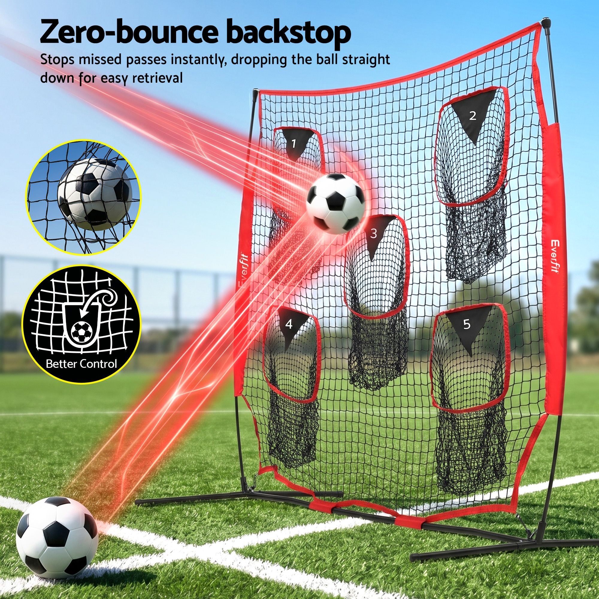 Everfit 1.8m Football Training Net 5 Target Portable Soccer Goal Nets Rebounder STN-5P-RD