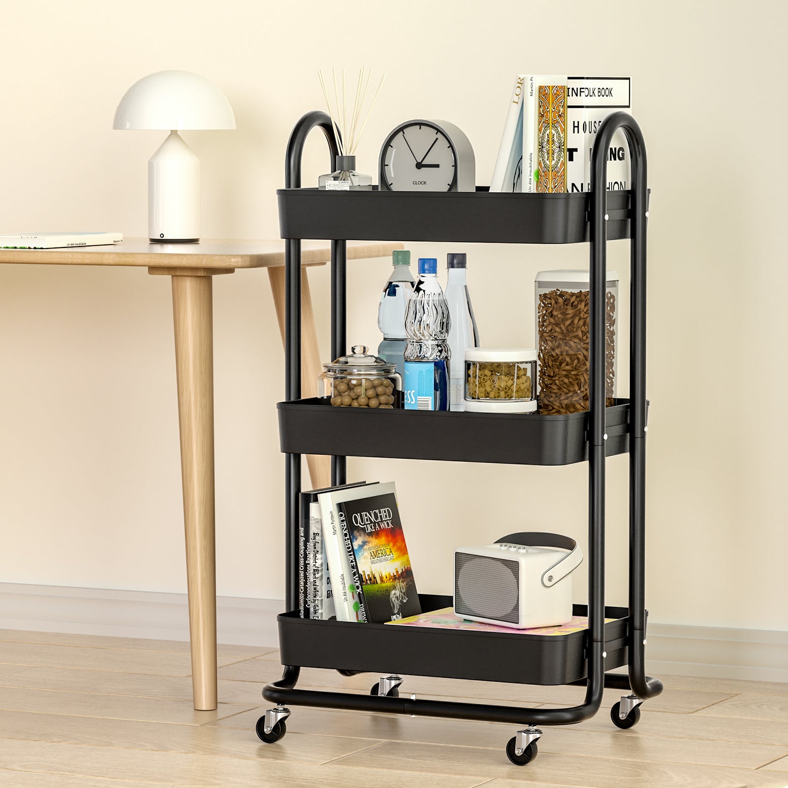 Artiss Storage Trolley Kitchen Cart 3 Tiers Rack Shelf Organiser Wheels Black STR-3T-80-BK