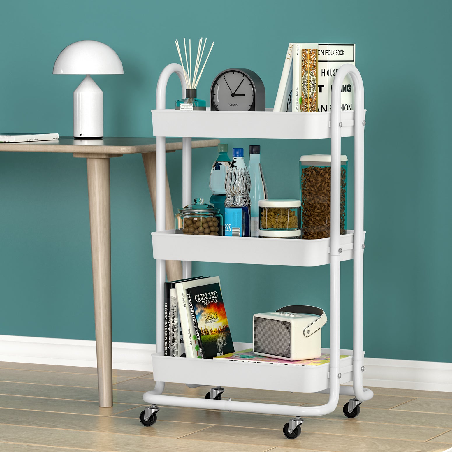 Artiss Storage Trolley Kitchen Cart 3 Tiers Rack Shelf Organiser Wheels White STR-3T-80-WH