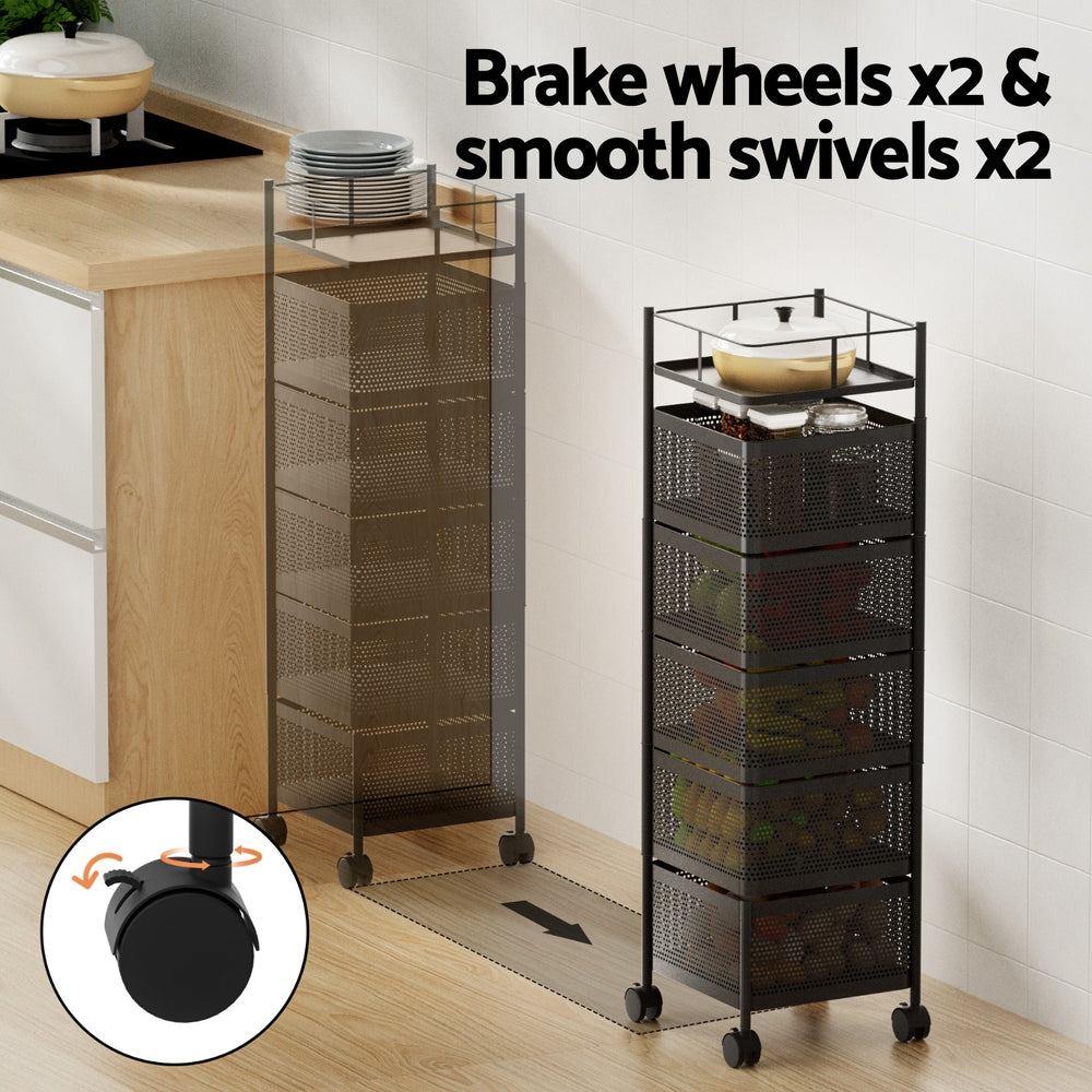 Artiss Storage Trolley Kitchen Cart 5 Tiers Storage Rack Black STR-5T-ROT-BK