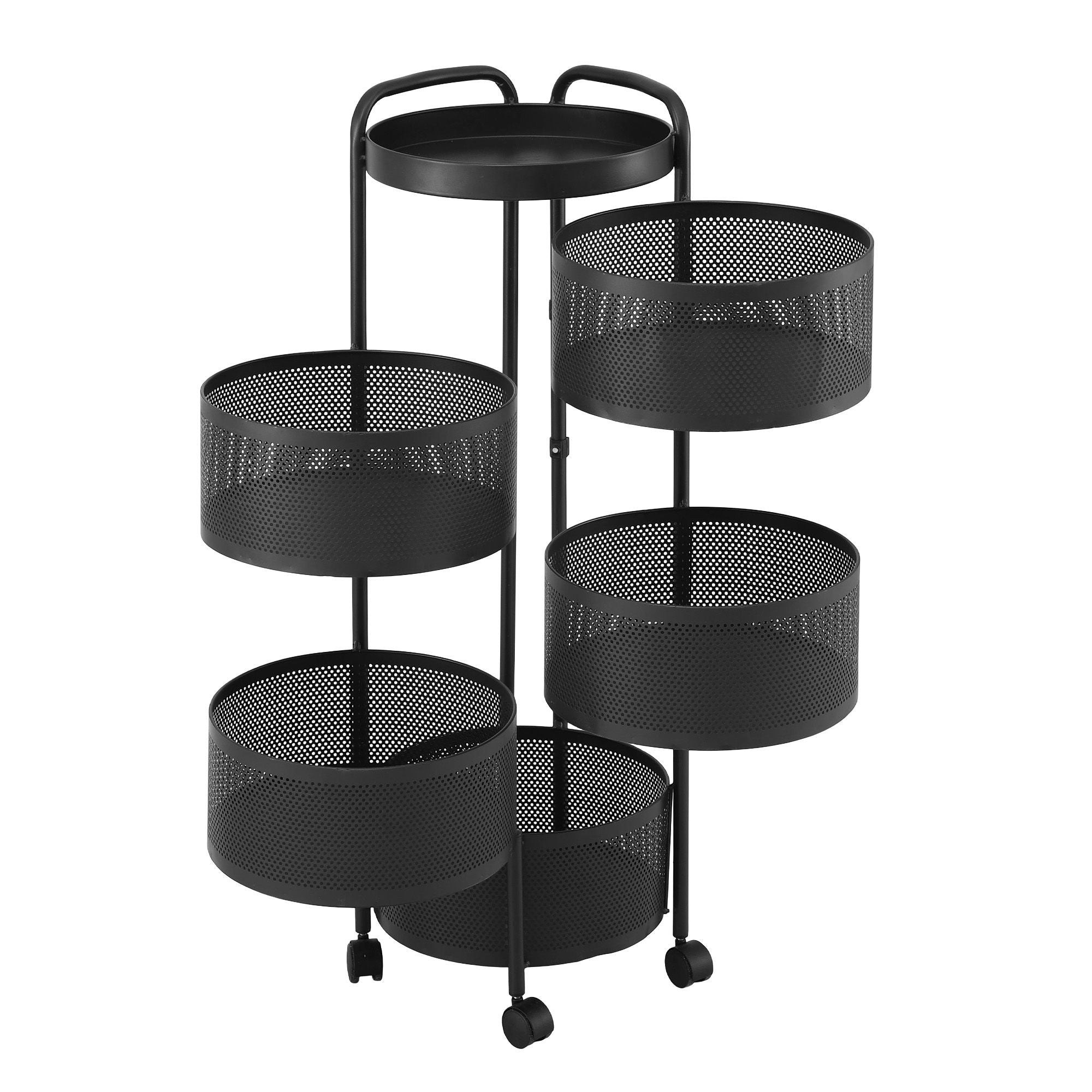 Artiss Storage Trolley Kitchen Cart 5 Tiers Storage Rack Round Basket Black STR-5T-ROT-ROD-BK