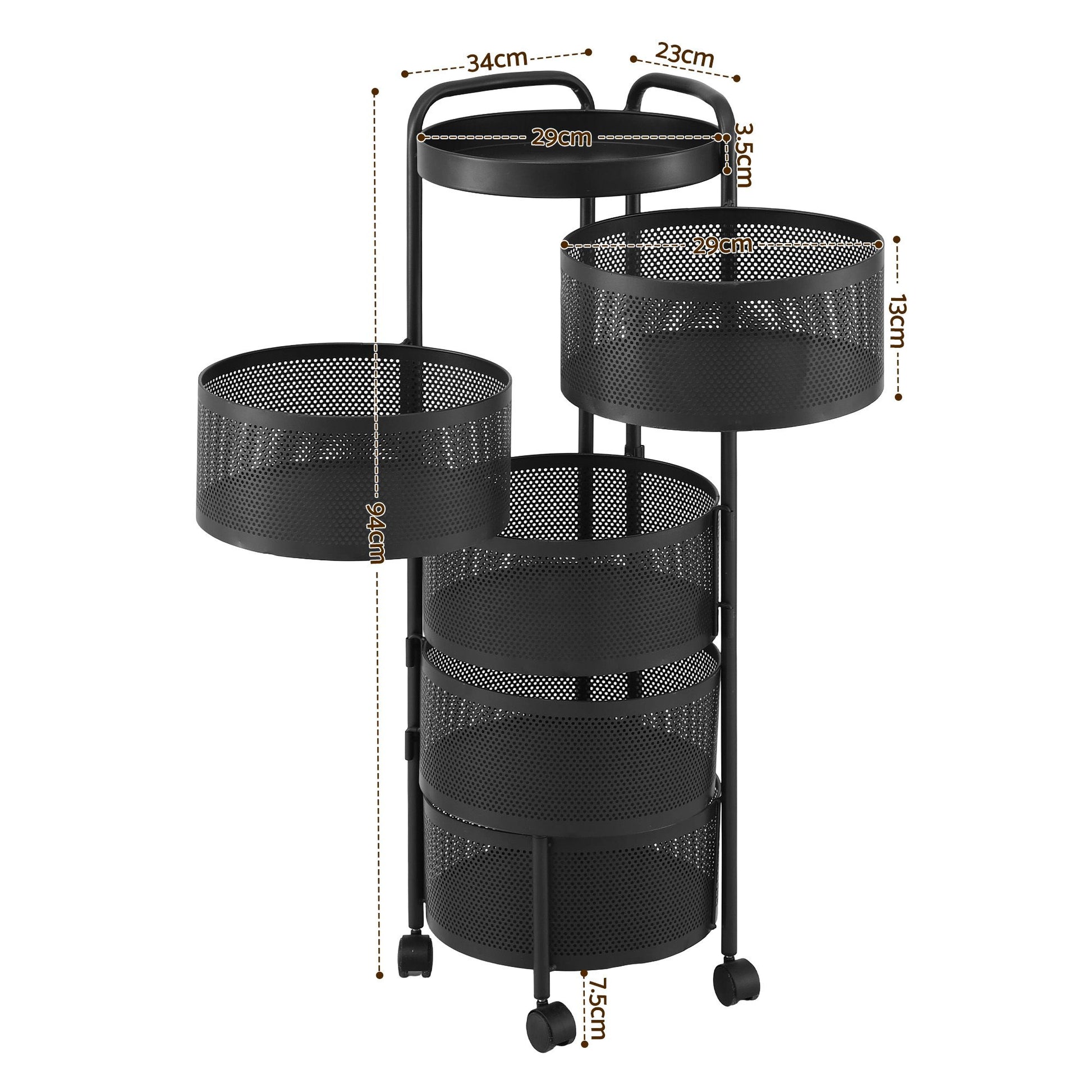 Artiss Storage Trolley Kitchen Cart 5 Tiers Storage Rack Round Basket Black STR-5T-ROT-ROD-BK