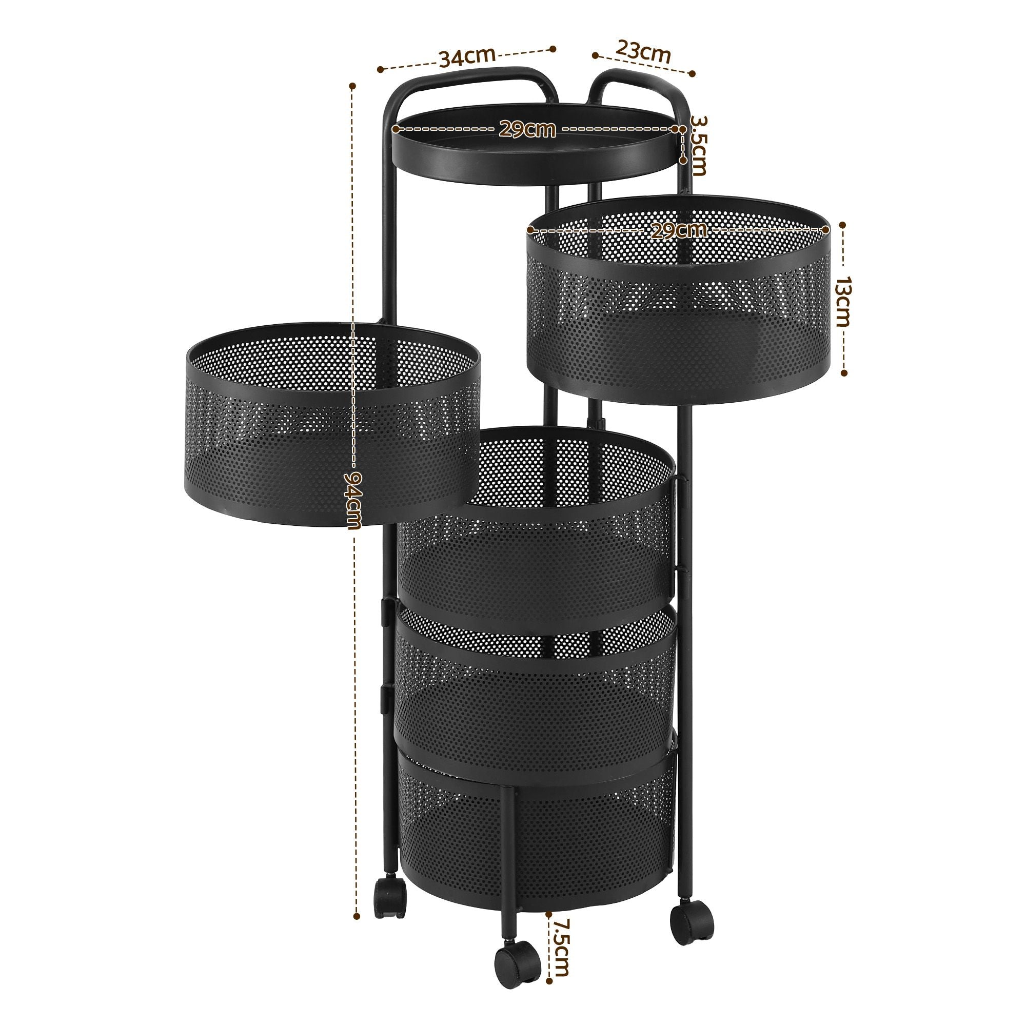 Artiss Storage Trolley Kitchen Cart 5 Tiers Storage Rack Round Basket Black STR-5T-ROT-ROD-BK
