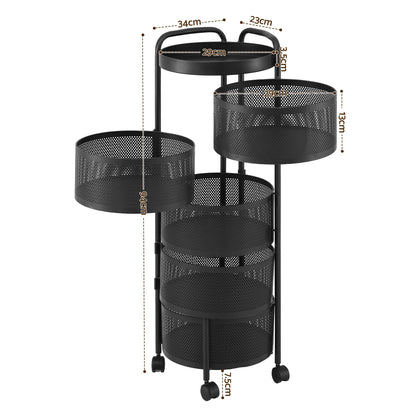 Artiss Storage Trolley Kitchen Cart 5 Tiers Storage Rack Round Basket Black STR-5T-ROT-ROD-BK