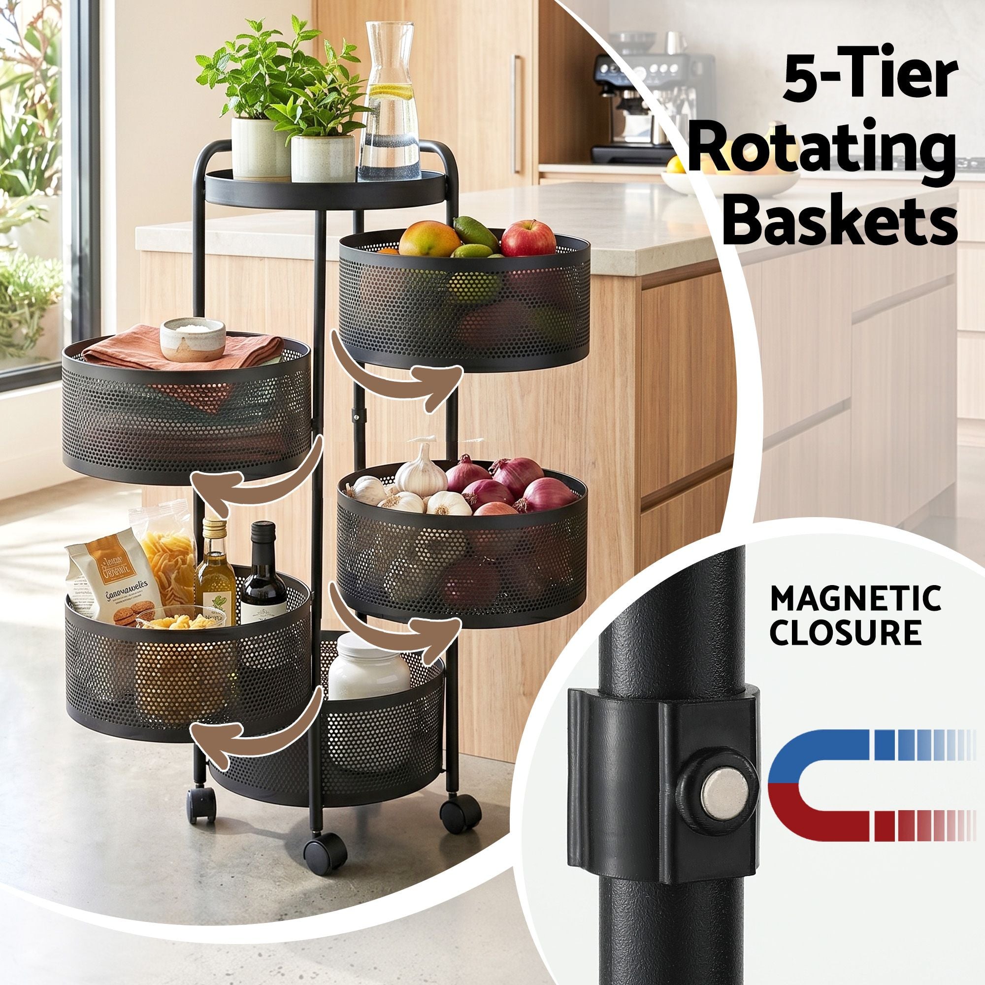 Artiss Storage Trolley Kitchen Cart 5 Tiers Storage Rack Round Basket Black STR-5T-ROT-ROD-BK