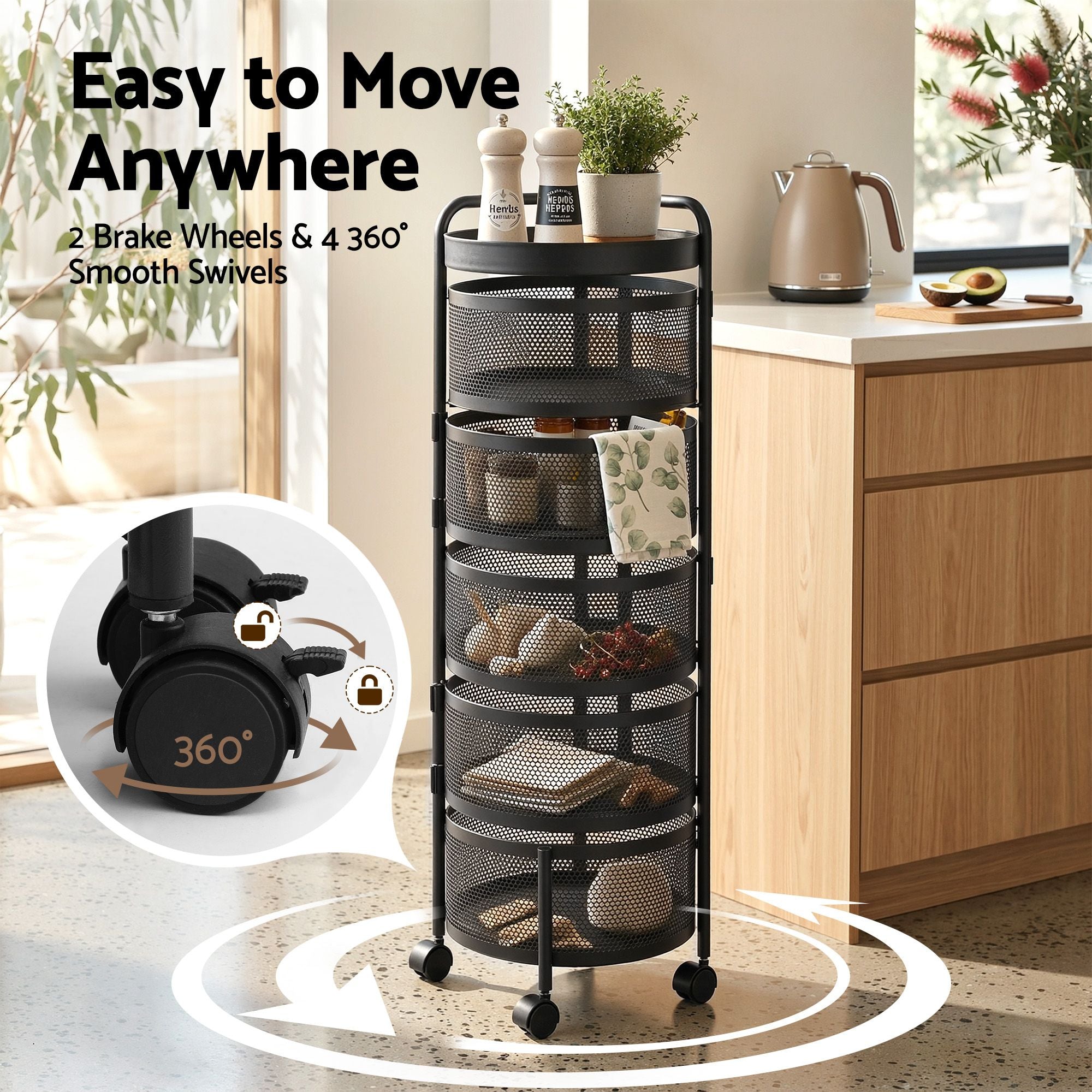Artiss Storage Trolley Kitchen Cart 5 Tiers Storage Rack Round Basket Black STR-5T-ROT-ROD-BK