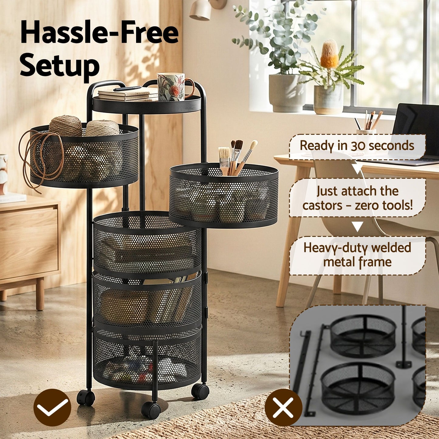 Artiss Storage Trolley Kitchen Cart 5 Tiers Storage Rack Round Basket Black STR-5T-ROT-ROD-BK