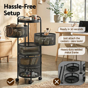 Artiss Storage Trolley Kitchen Cart 5 Tiers Storage Rack Round Basket Black STR-5T-ROT-ROD-BK
