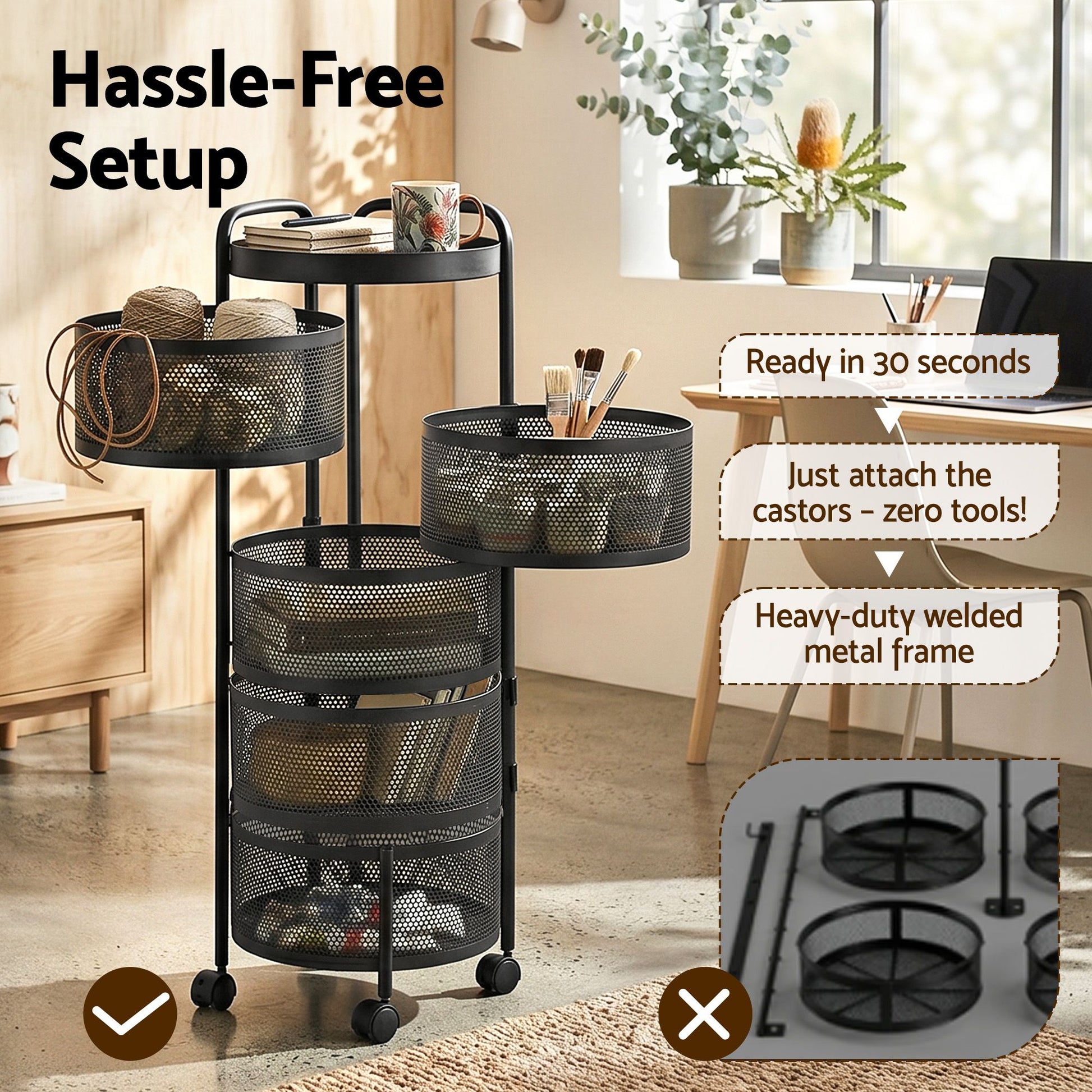 Artiss Storage Trolley Kitchen Cart 5 Tiers Storage Rack Round Basket Black STR-5T-ROT-ROD-BK