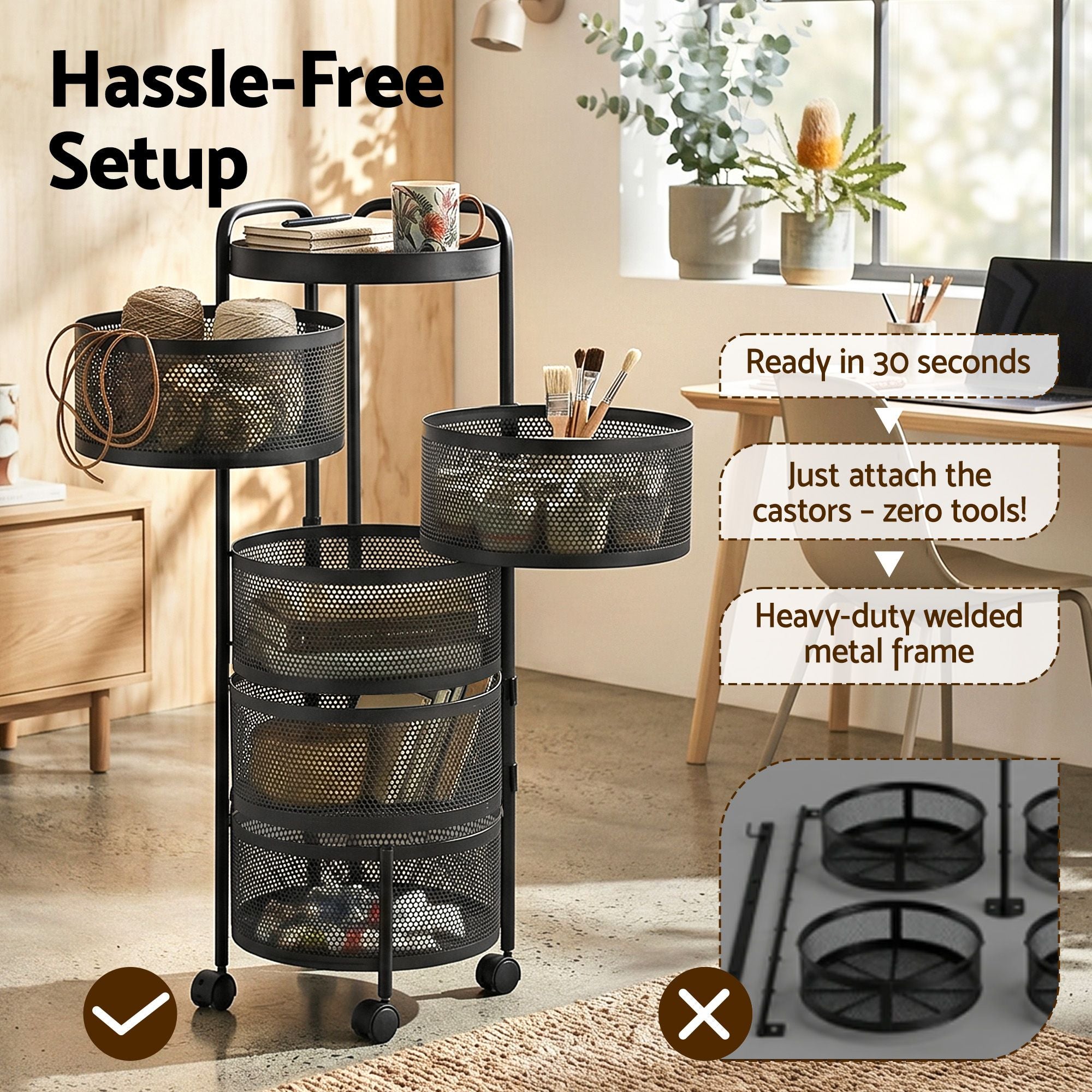 Artiss Storage Trolley Kitchen Cart 5 Tiers Storage Rack Round Basket Black STR-5T-ROT-ROD-BK