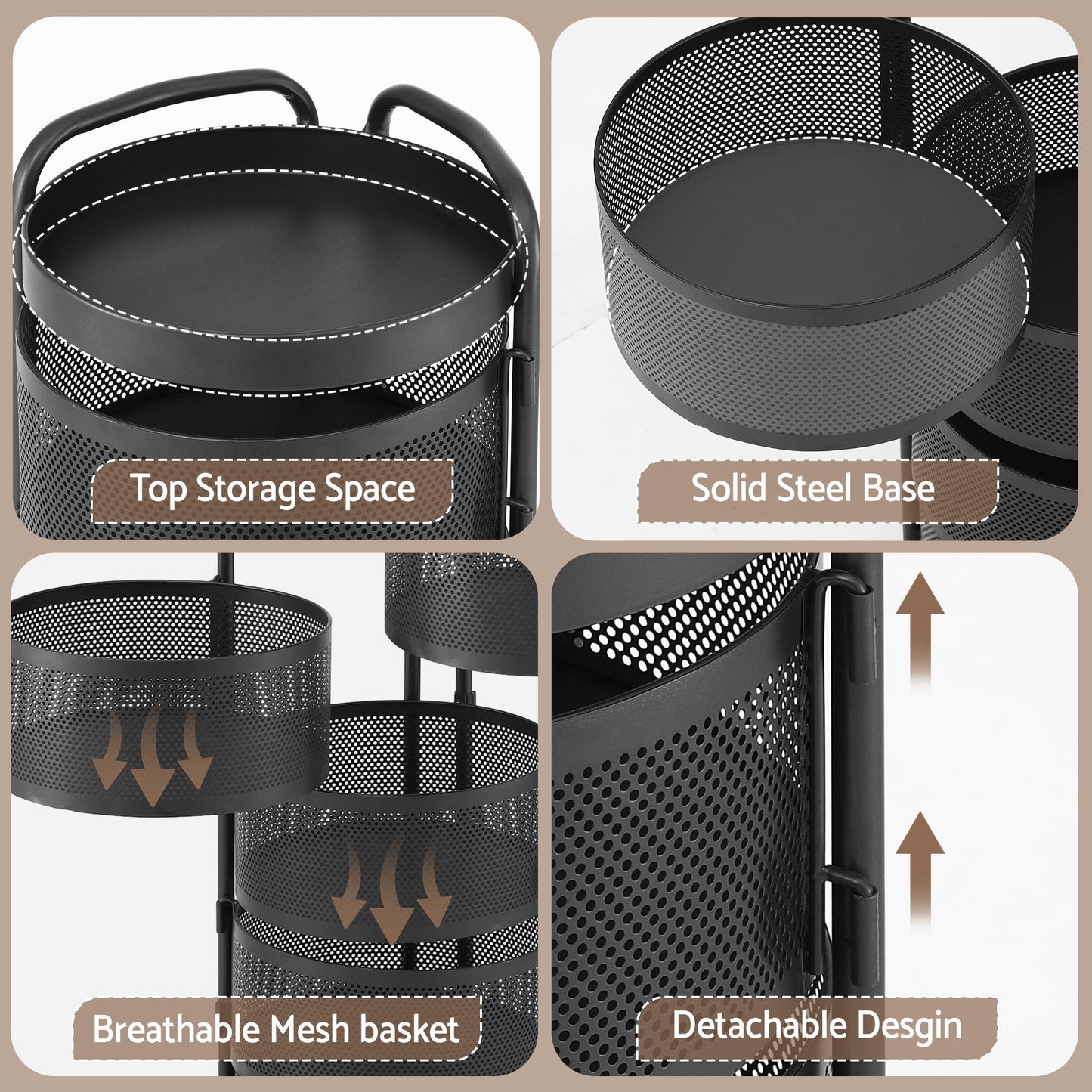Artiss Storage Trolley Kitchen Cart 5 Tiers Storage Rack Round Basket Black STR-5T-ROT-ROD-BK