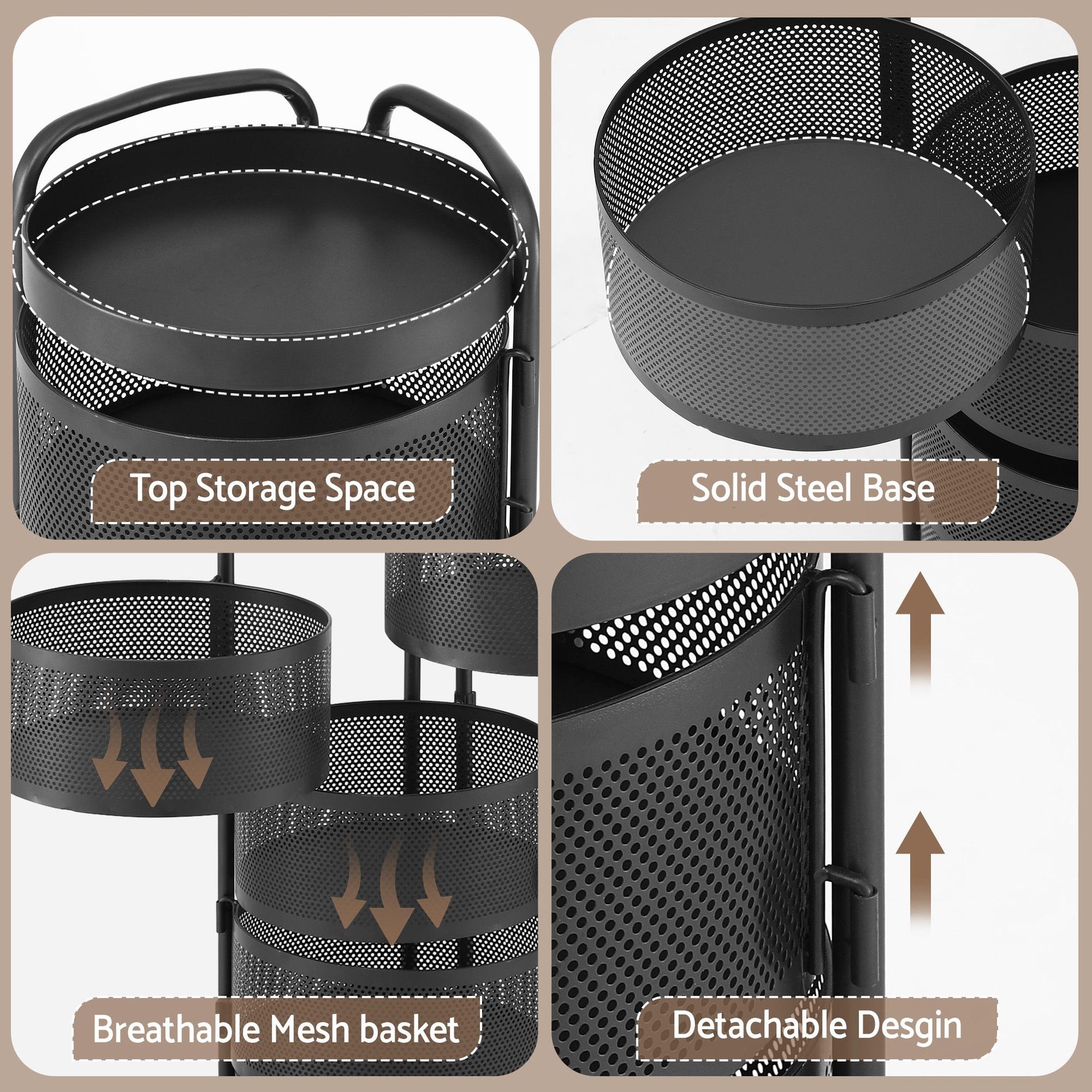 Artiss Storage Trolley Kitchen Cart 5 Tiers Storage Rack Round Basket Black STR-5T-ROT-ROD-BK