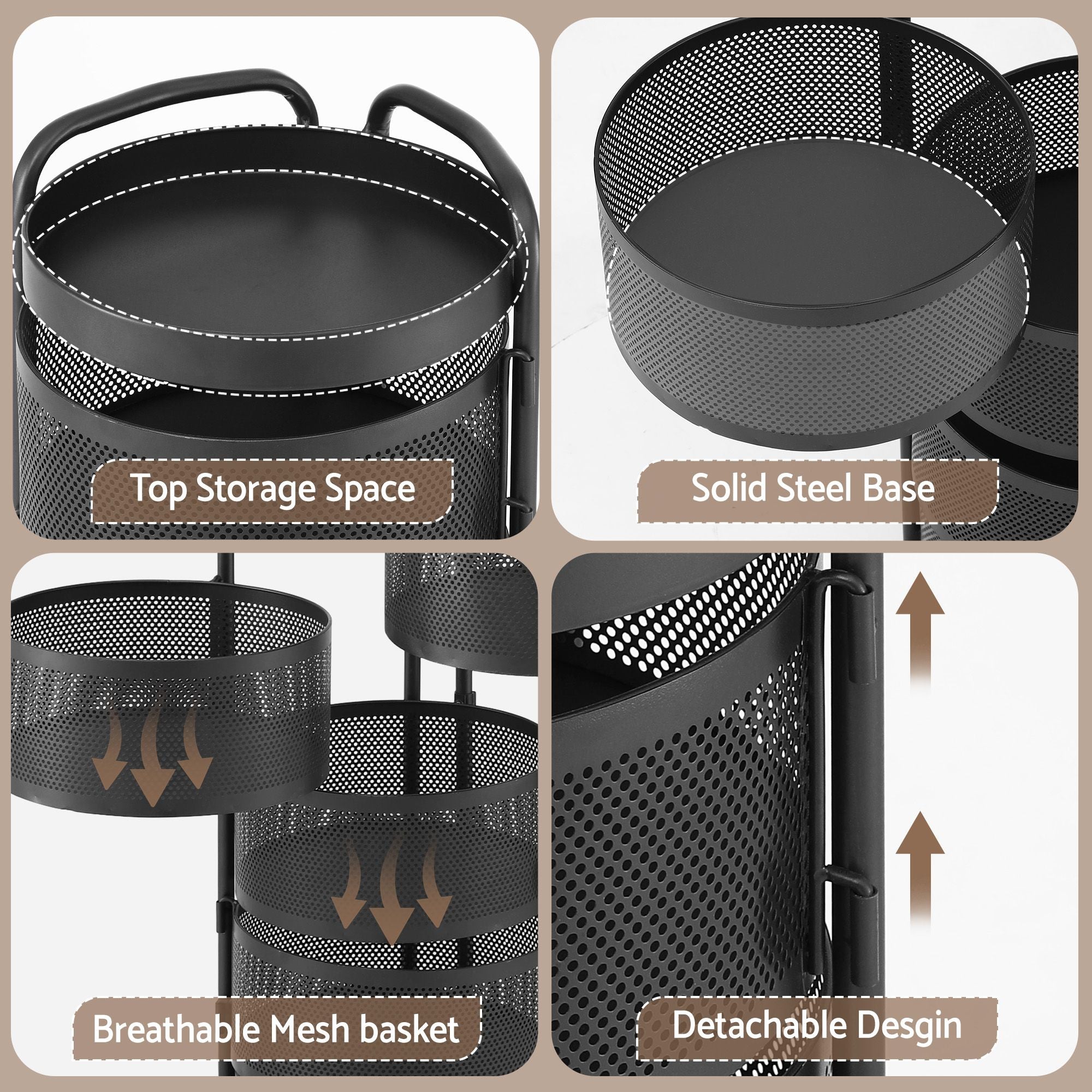 Artiss Storage Trolley Kitchen Cart 5 Tiers Storage Rack Round Basket Black STR-5T-ROT-ROD-BK