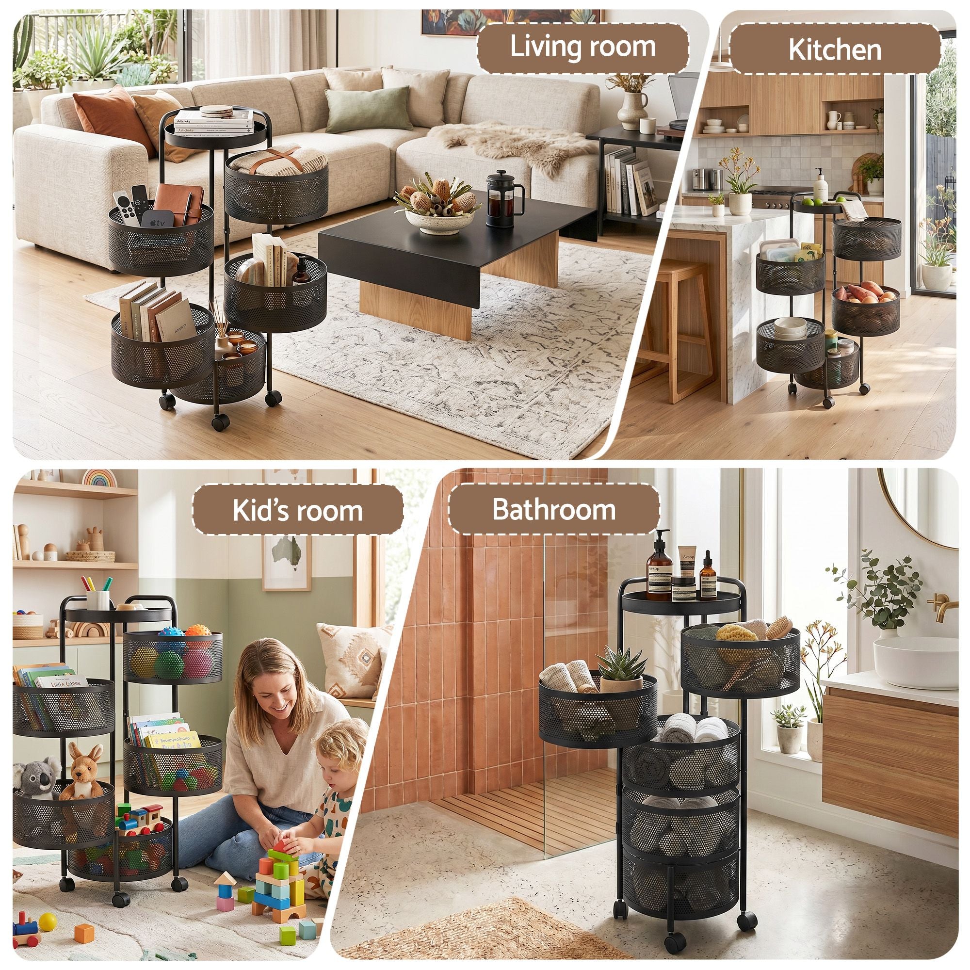 Artiss Storage Trolley Kitchen Cart 5 Tiers Storage Rack Round Basket Black STR-5T-ROT-ROD-BK