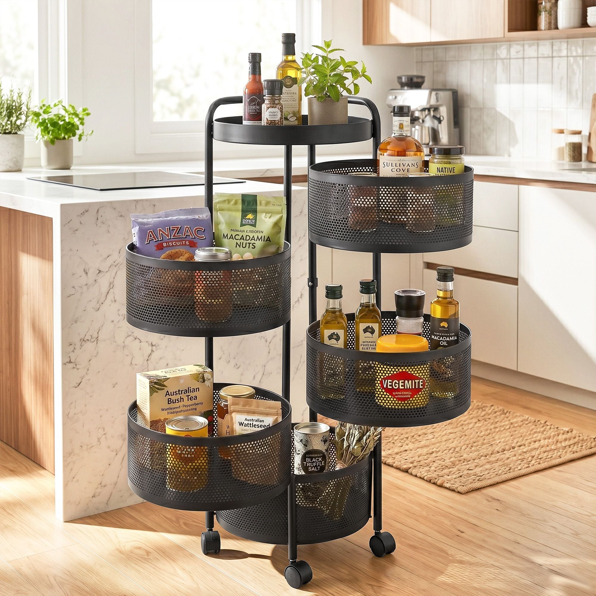 Artiss Storage Trolley Kitchen Cart 5 Tiers Storage Rack Round Basket Black STR-5T-ROT-ROD-BK