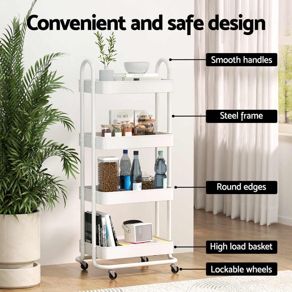 Artiss Storage Trolley Kitchen Cart 4 Tiers White STR-B-4T-100-WH