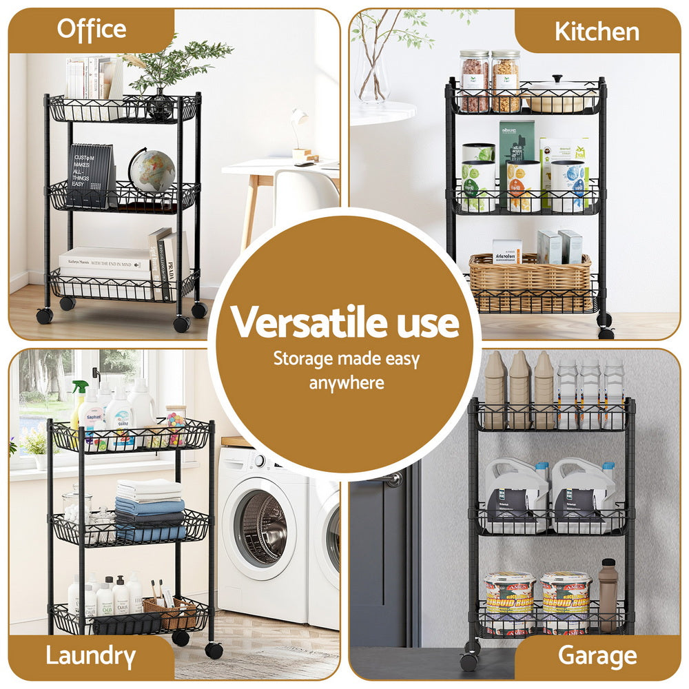 Artiss 3-Tier Shelving Unit Adjustable Garage Storage Kitchen Rack With Wheels SU-45X70-ROLL-BK