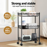 Artiss 3-Tier Shelving Unit Adjustable Garage Storage Kitchen Rack With Wheels SU-45X70-ROLL-BK