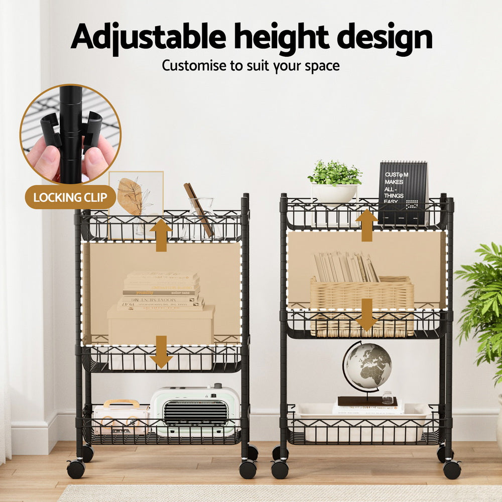 Artiss 3-Tier Shelving Unit Adjustable Garage Storage Kitchen Rack With Wheels SU-45X70-ROLL-BK