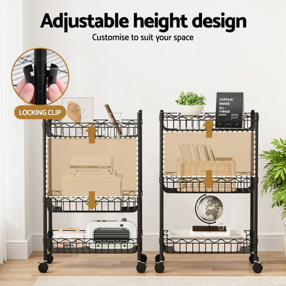 Artiss 3-Tier Shelving Unit Adjustable Garage Storage Kitchen Rack With Wheels SU-45X70-ROLL-BK