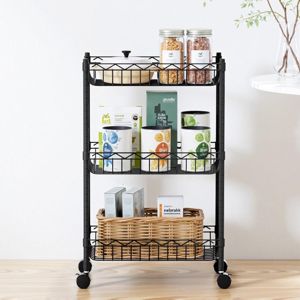 Artiss 3-Tier Shelving Unit Adjustable Garage Storage Kitchen Rack With Wheels SU-45X70-ROLL-BK